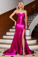 Load image into Gallery viewer, Fuchsia Satin Sweetheart Mermaid Corset Formal Dress with Slit