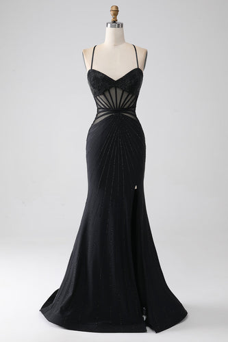 Black Mermaid Spaghetti Straps Beaded Long Formal Dress with Slit