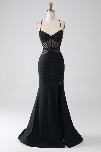 Black Mermaid Spaghetti Straps Beaded Long Formal Dress with Slit