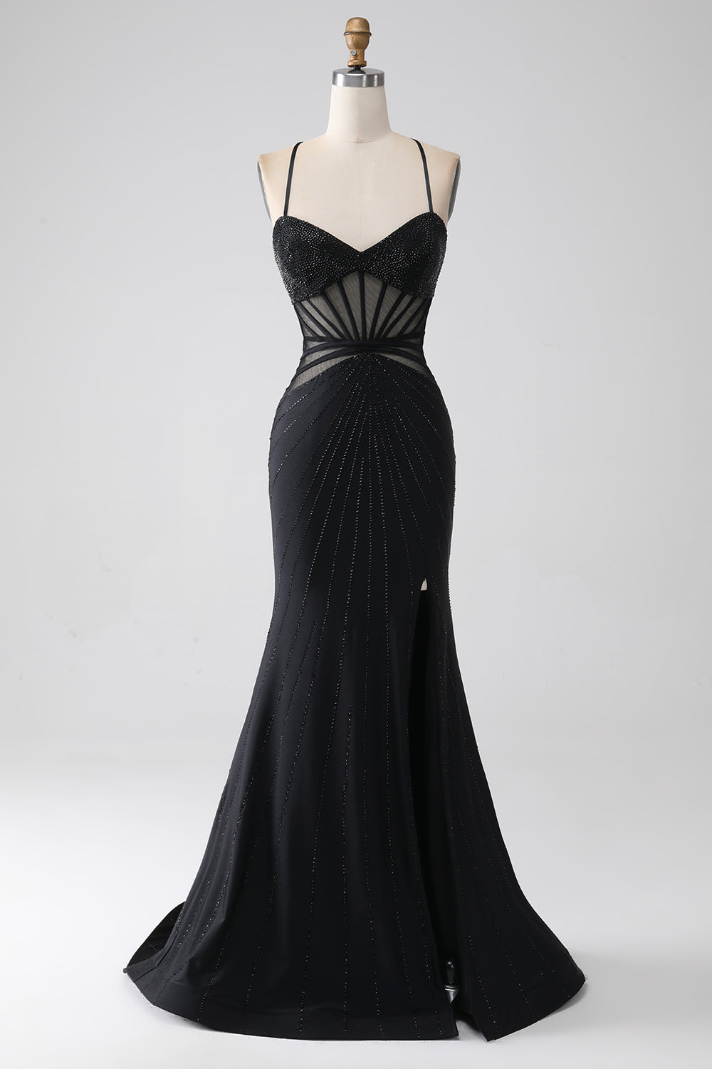 Black Mermaid Spaghetti Straps Beaded Long Formal Dress with Slit