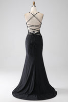 Load image into Gallery viewer, Black Mermaid Spaghetti Straps Beaded Long Formal Dress with Slit