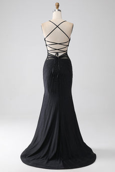 Black Mermaid Spaghetti Straps Beaded Long Formal Dress with Slit