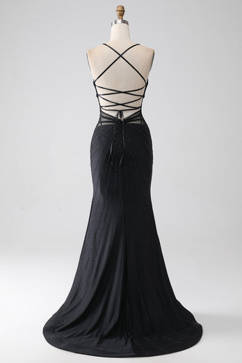 Black Mermaid Spaghetti Straps Beaded Long Formal Dress with Slit