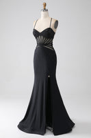 Load image into Gallery viewer, Black Mermaid Spaghetti Straps Beaded Long Formal Dress with Slit