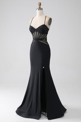 Black Mermaid Spaghetti Straps Beaded Long Formal Dress with Slit
