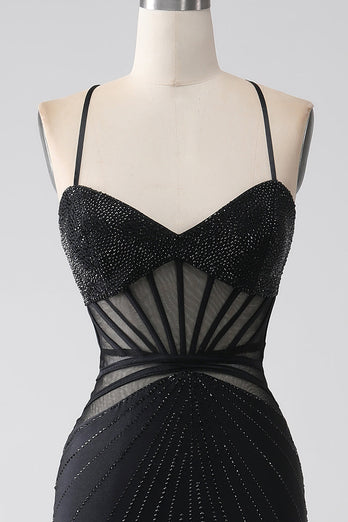 Black Mermaid Spaghetti Straps Beaded Long Formal Dress with Slit