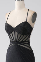 Load image into Gallery viewer, Black Mermaid Spaghetti Straps Beaded Long Formal Dress with Slit