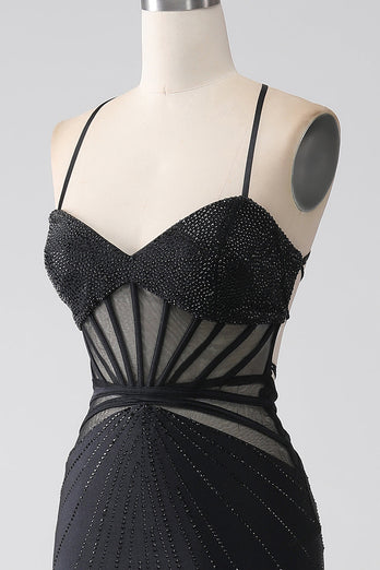 Black Mermaid Spaghetti Straps Beaded Long Formal Dress with Slit