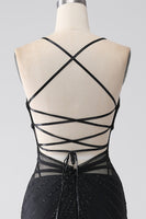 Load image into Gallery viewer, Black Mermaid Spaghetti Straps Beaded Long Formal Dress with Slit