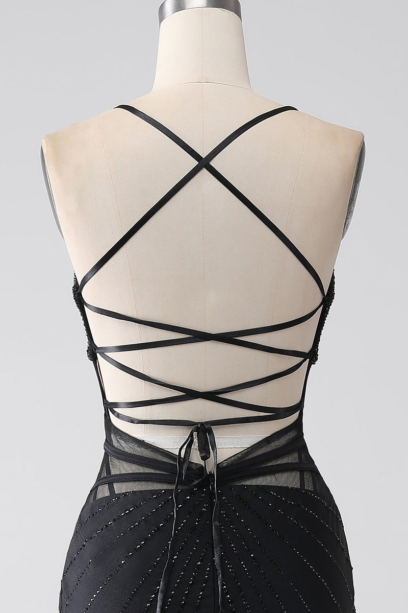 Load image into Gallery viewer, Black Mermaid Spaghetti Straps Beaded Long Formal Dress with Slit