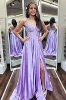 Load image into Gallery viewer, Simple Sparkly Lilac A-Line Side Slit Corset Formal Dresses with Rhinestones