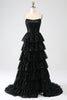 Load image into Gallery viewer, Black Strapless A-Line Sequin Tulle Tiered Formal Dress with Slit