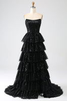 Load image into Gallery viewer, Black Strapless A-Line Sequin Tulle Tiered Formal Dress with Slit