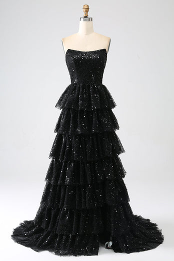 Black Strapless A-Line Sequin Tulle Tiered Formal Dress with Slit