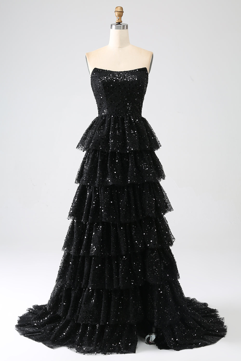 Black Strapless A-Line Sequin Tulle Tiered Formal Dress with Slit