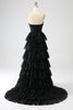 Load image into Gallery viewer, Black Strapless A-Line Sequin Tulle Tiered Formal Dress with Slit