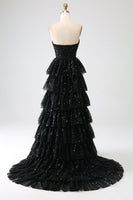 Load image into Gallery viewer, Black Strapless A-Line Sequin Tulle Tiered Formal Dress with Slit