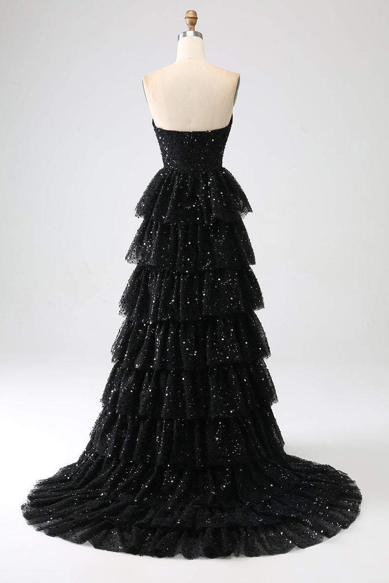 Load image into Gallery viewer, Black Strapless A-Line Sequin Tulle Tiered Formal Dress with Slit
