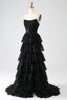 Load image into Gallery viewer, Black Strapless A-Line Sequin Tulle Tiered Formal Dress with Slit