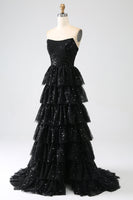 Load image into Gallery viewer, Black Strapless A-Line Sequin Tulle Tiered Formal Dress with Slit