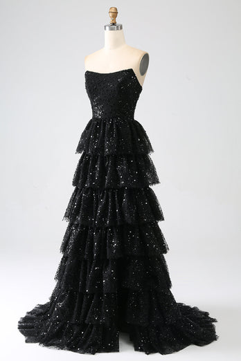Black Strapless A-Line Sequin Tulle Tiered Formal Dress with Slit