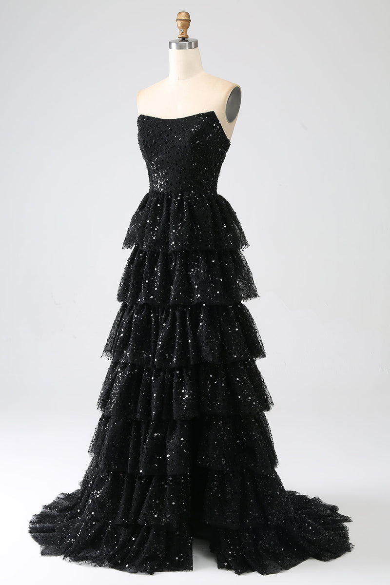 Load image into Gallery viewer, Black Strapless A-Line Sequin Tulle Tiered Formal Dress with Slit