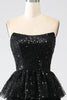 Load image into Gallery viewer, Black Strapless A-Line Sequin Tulle Tiered Formal Dress with Slit