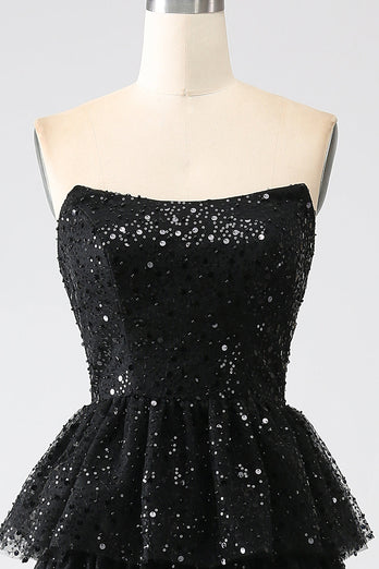 Black Strapless A-Line Sequin Tulle Tiered Formal Dress with Slit