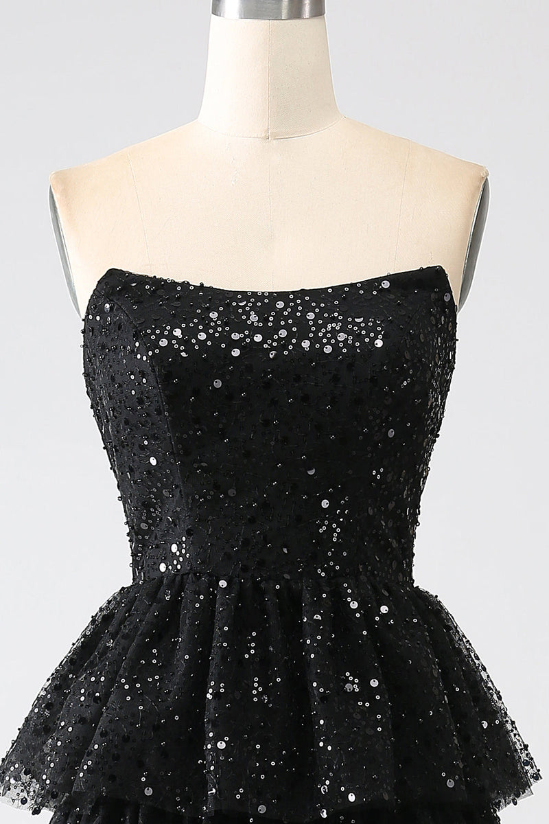 Load image into Gallery viewer, Black Strapless A-Line Sequin Tulle Tiered Formal Dress with Slit