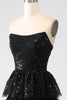 Load image into Gallery viewer, Black Strapless A-Line Sequin Tulle Tiered Formal Dress with Slit