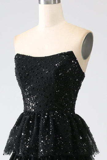 Black Strapless A-Line Sequin Tulle Tiered Formal Dress with Slit