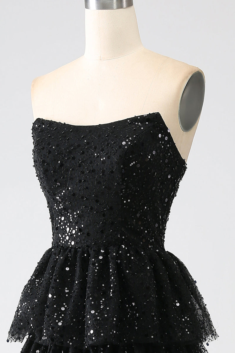 Load image into Gallery viewer, Black Strapless A-Line Sequin Tulle Tiered Formal Dress with Slit