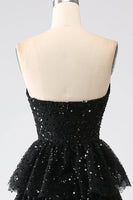 Load image into Gallery viewer, Black Strapless A-Line Sequin Tulle Tiered Formal Dress with Slit