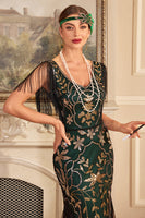 Load image into Gallery viewer, Green Golden Sheath V Neck Sequins Long 1920s Flapper Dress with Fringes