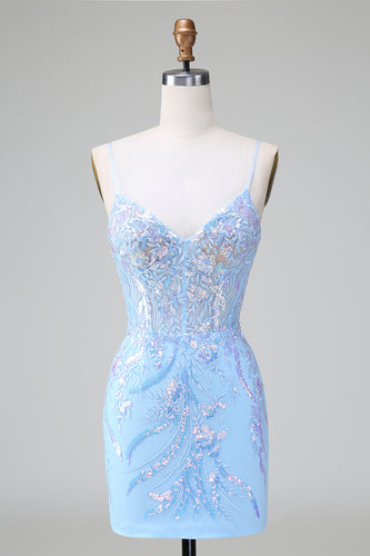 Glitter Blue Sequined Embroideries Tight Short Formal Dress