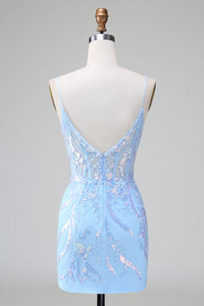 Glitter Blue Sequined Embroideries Tight Short Formal Dress