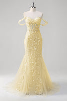 Load image into Gallery viewer, Blue Mermaid Off the Shoulder Corset Formal Dress with Appliques