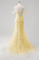 Load image into Gallery viewer, Blue Mermaid Off the Shoulder Corset Formal Dress with Appliques