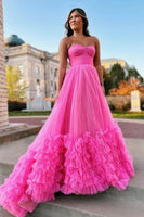 Load image into Gallery viewer, Hot Pink Corset Sweetheart A Line Long Formal Dress with Ruffles