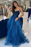 Load image into Gallery viewer, Sparkly Blue Corset Tiered Long Formal Dress with Appliques