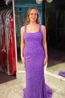 Load image into Gallery viewer, Purple Mermaid Square Neck Long Sequined Prom Dress