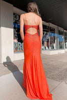 Load image into Gallery viewer, Sparkly Orange Beaded Open Back Long Formal Dress