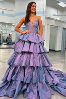 Load image into Gallery viewer, A Line Purple Long Tiered Formal Dress