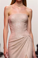 Load image into Gallery viewer, Sparkly Champagne Sequin Strapless Long Formal Dress with Slit