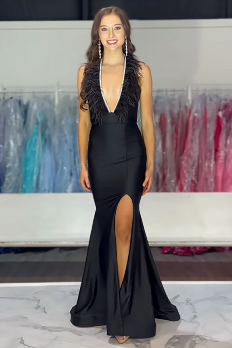 Load image into Gallery viewer, Red Two Piece Satin Long Formal Dress with Feathers