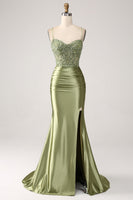 Load image into Gallery viewer, Sage Satin Mermaid Spaghetti Straps Formal Dress With Slit