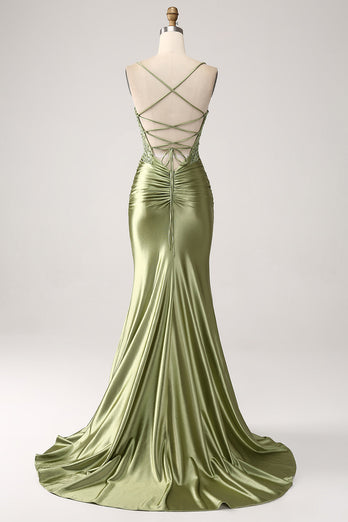 Sage Satin Mermaid Spaghetti Straps Formal Dress With Slit