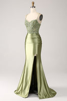 Load image into Gallery viewer, Sage Satin Mermaid Spaghetti Straps Formal Dress With Slit
