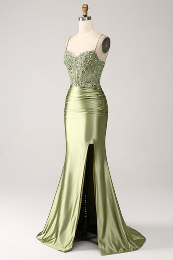 Sage Satin Mermaid Spaghetti Straps Formal Dress With Slit