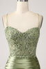 Load image into Gallery viewer, Sage Satin Mermaid Spaghetti Straps Formal Dress With Slit